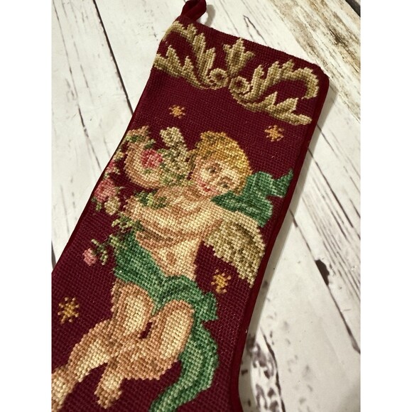 1991 Imperial Elegance Needlepoint Christmas Stocking Angel Cherub Burgundy Vtg - Picture 4 of 7